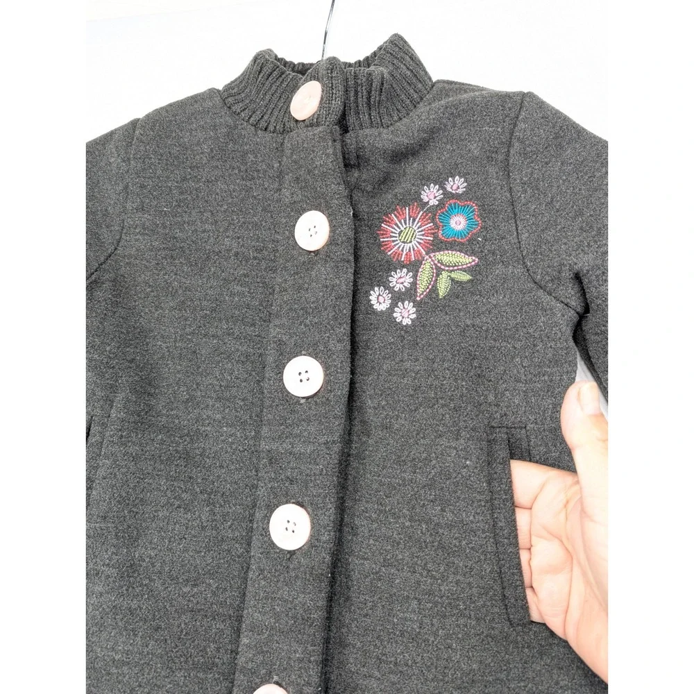 Penelope Mack Girls Dark Gray Button Front Embroidered Flower‎ Coat Size 4T